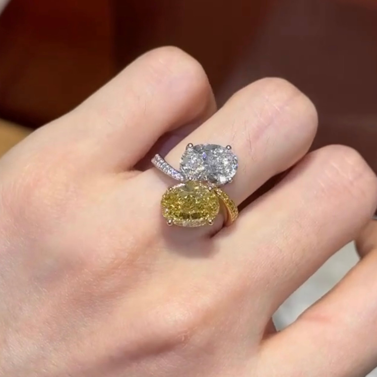 Oval Yellow and White Moissanite Toi et Moi Ring - view 2