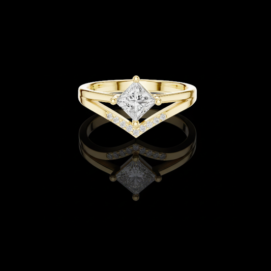 0.57 CT Modern Chevron Ring Featuring a Moissanite Princess Cut Diamond and Pave Set Accents