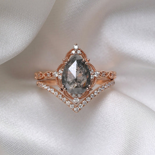 1.70 CT Vintage Inspired Moissanite Pear Cut Salt & Pepper Diamond Ring with Pave Diamond and Chevron Band