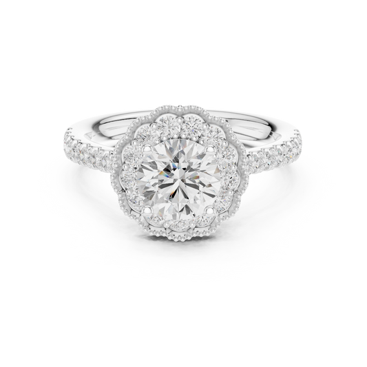 Floral Halo Design Round Cut Moissanite Ring - view 3