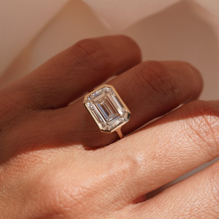 East West Emerald Lab Diamond With Bezel Set Solitaire Ring - view 2