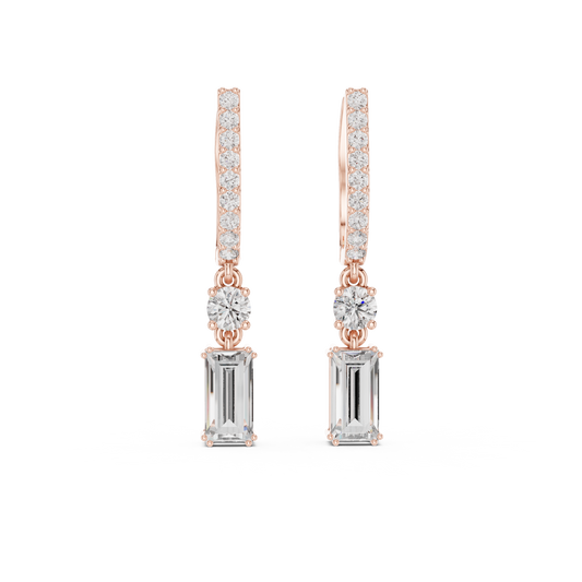 0.68 CT Dazzling Baguette Cut Linear Drop Moissanite Earrings in Gold with Pave Bar and Round Accent For Cute Girl