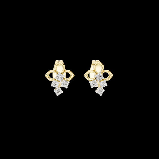 0.082 TCW Elowen Clover Moissanite Round Diamond Drop Gold Stud Earrings with Petite Floral Design