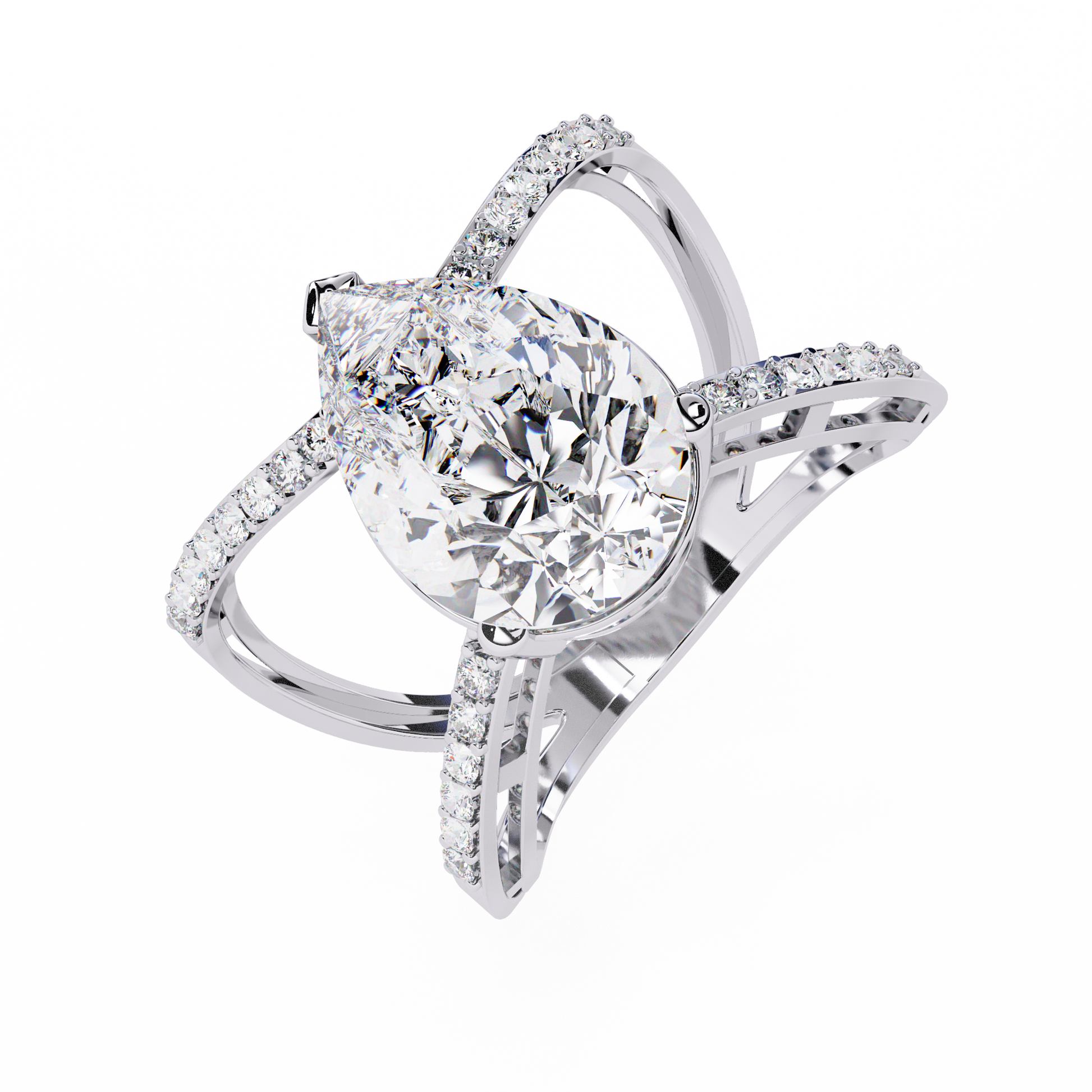 Silver ring with a large diamond and smaller diamonds 