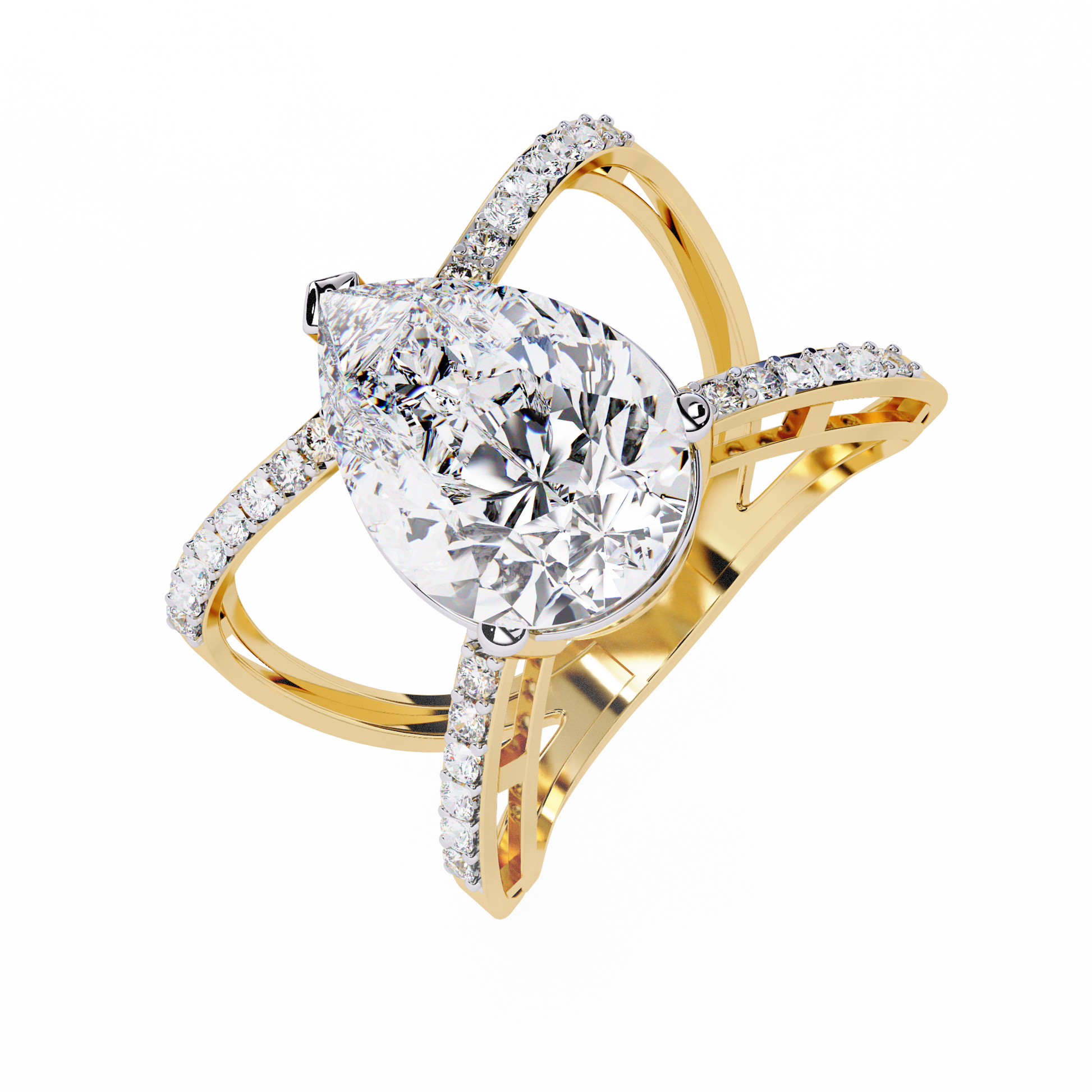 Gold ring with a large diamond and smaller diamonds 