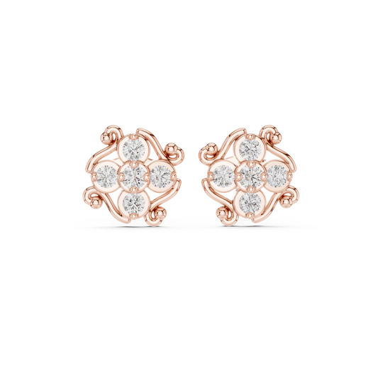 0.37 TCW Ornamental Floral Cluster Stud Moissanite Earrings with Curled Gold Accents For Her