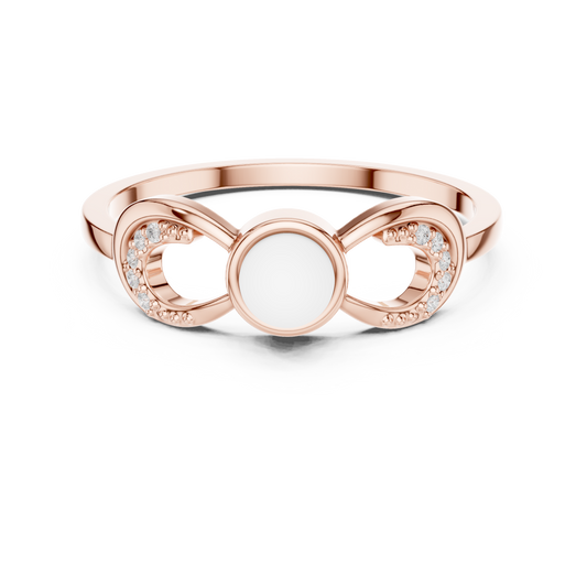 0.04 TCW Infinity Inspired Gold Moissanite Diamond Ring with Pearl Center & Round Pavé Accent Curves