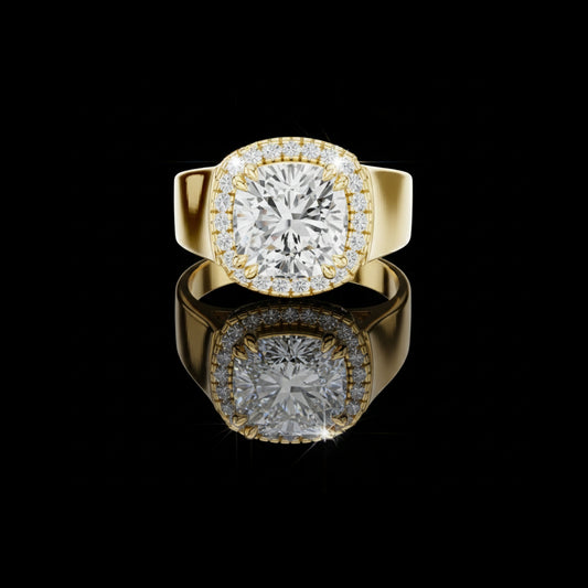 1.56 CT Bold Cushion Cut Moissanite Diamond Halo Ring in Gold with Thick Comfort Fit Band
