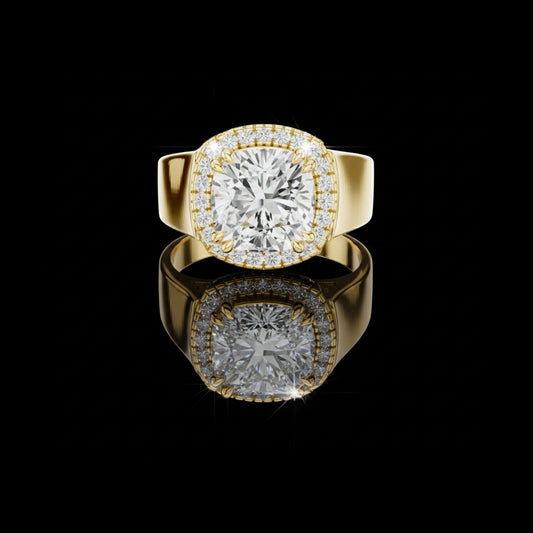 1.56 CT Bold Cushion Cut Moissanite Diamond Halo Ring in Gold with Thick Comfort Fit Band