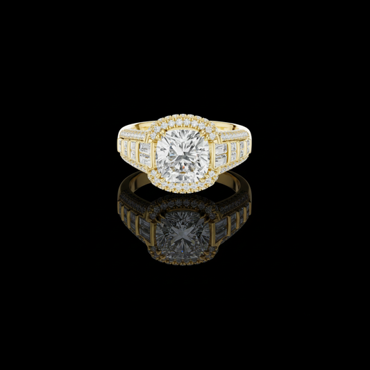 3.50 CT Cushion Center Lab Grown Diamond Pave Halo Setting and Baguette Side Stone Ring Designer Bridal Fine Jewelry