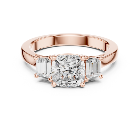 1.4 CT Aurora Cushion Center Lab Diamond Three Stone with Tapered Baguette Side Stones