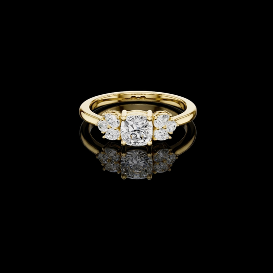 0.65 CT Grace Cushion Cut Moissanite Diamond Ring with Brilliant Side Round & Pear Accents