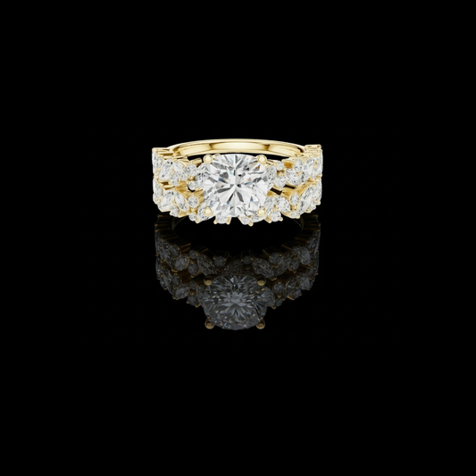 3.70 TCW Lavish Cushion Cut Moissanite Diamond Floral Ring with Marquise and Round Diamond Accents