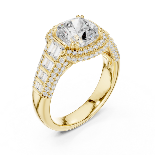 3.00 CT Cushion Center Moissanite Diamond Pave Halo Setting and Baguette Side Stone Ring Designer Bridal Fine Jewelry