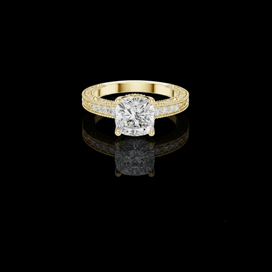 1.78 CT Vintage Inspired Cushion Cut Lab Grown Diamond Ring with Detailed Filigree and Pave Band