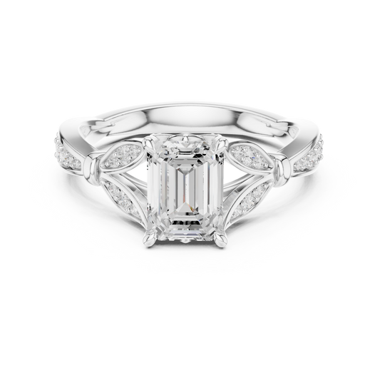Emerald Cut Lab Diamond Ring with Intricate Leaf Motif Band - view 3