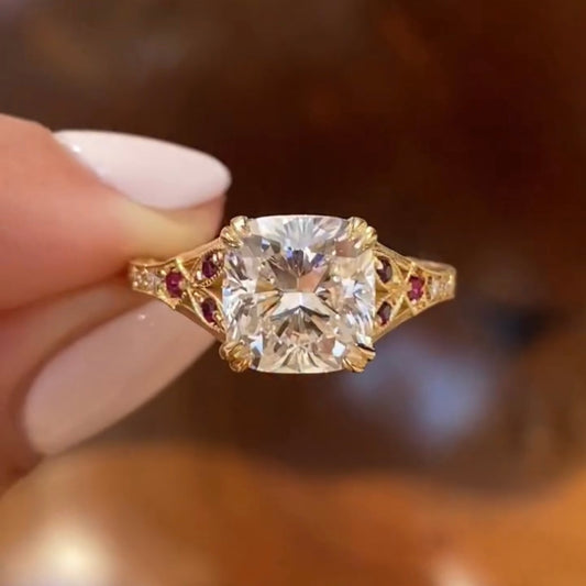 1.1 CT Vintage Inspired Cushion Cut Moissanite Diamond Ring with Ruby Side Accents For Her
