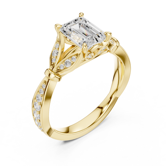 Emerald Cut Lab Diamond Ring with Intricate Leaf Motif Band - view 4