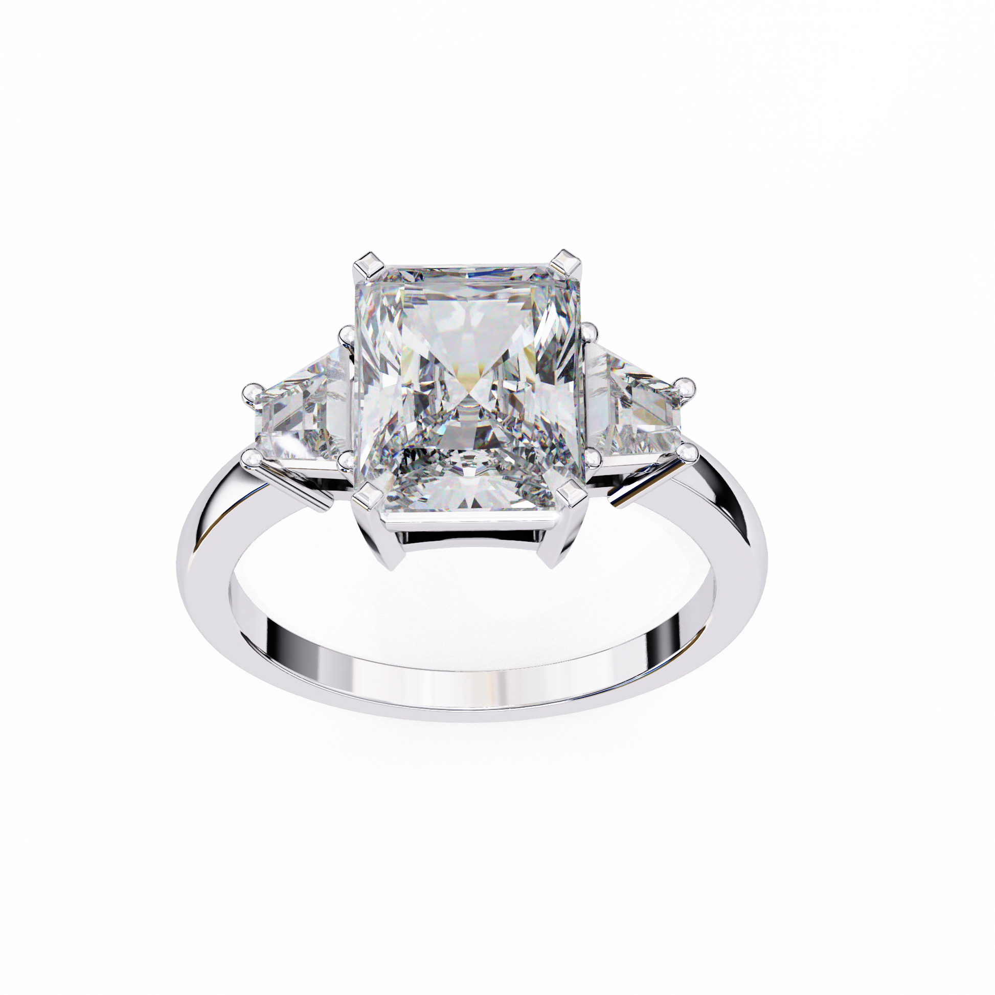 Diamond ring with a central princess-cut diamond and smaller diamonds on the sides 