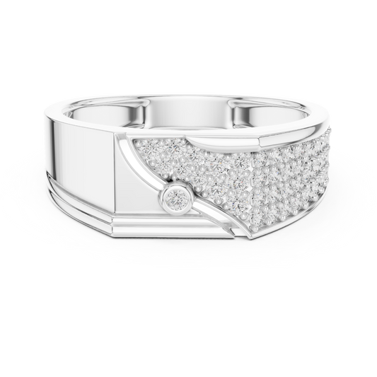 Round Cut Lab Grown Diamond Men's Asymmetric Curved Pave Gold Signet Ring - view 3