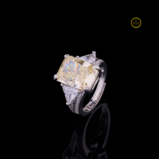 Fancy Intense Yellow Radiant Lab Diamond Ring With Trillion Cut Side Diamonds