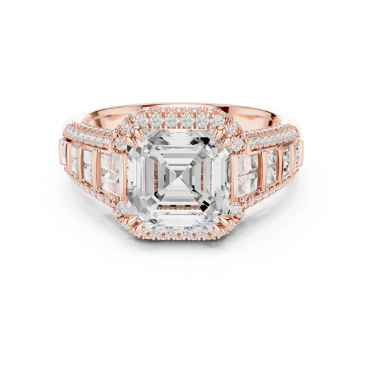 3.00 CT Solace Asscher Cut Moissanite Diamond Ring with Baguette Side Stones and Pave Halo For Mother