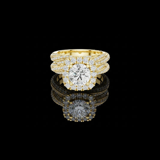 1.5 CT Bespoke Multi-Row Pave Bands with Round Cut Moissanite Diamond Halo Bridal Ring Set For Bride