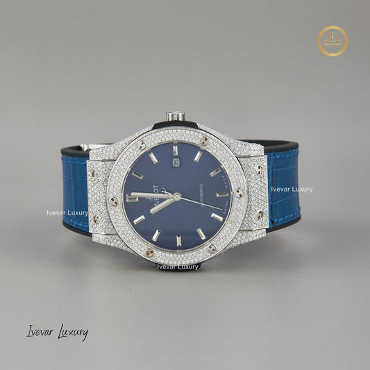 Custom Moissanite Diamond Watch with Blue Rubber Band by Ivevar