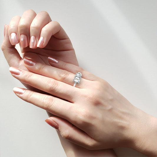 Emerald and Round Moissanite Toi et Moi Promise Ring - view 2