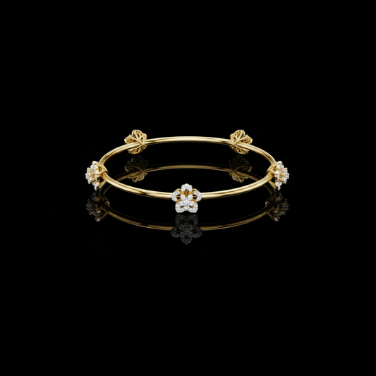 1.04 TCW Floral Diamond Accented Moissanite Bangle Bracelet with Sculpted Blossom Motifs