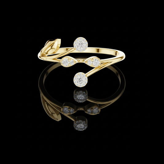 0.11 TCW Sparkling Floral Lab Grown Diamond Leaf Open Band Ring Delicate Botanical Jewelry