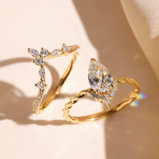 1.00 CT Classic Pear Cut Lab Grown Diamond with Curved Enhancer Bridal Ring Set Elegant Engagement Jewelry