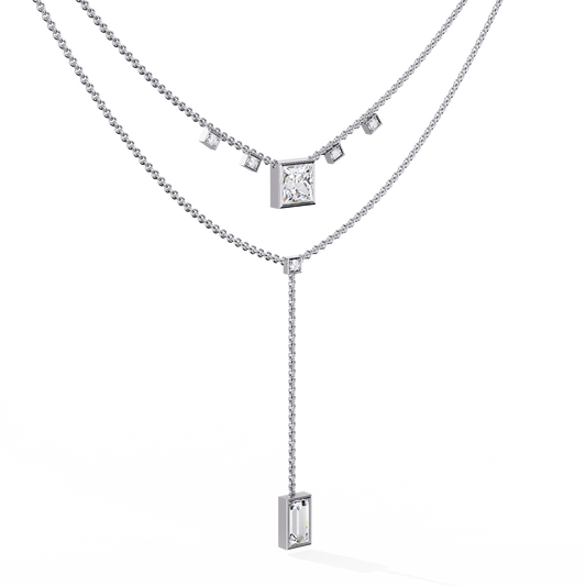Two Layered Princess and Baguette Lariat Necklace - view 4