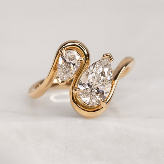 1.70 TCW Beautiful Toi et Moi Ring Featuring Pear Cut Lab Grown Diamonds in Sculpted Gold Setting Fine Jewelry