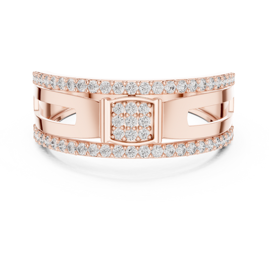 0.46 TCW Classic Round Moissanite Diamond With Square Pave Cluster Double Row Accents Openwork Statement Ring