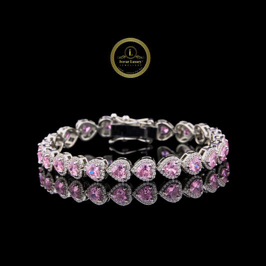 Pink Heart Cut Moissanite Diamond Halo Tennis Bracelet