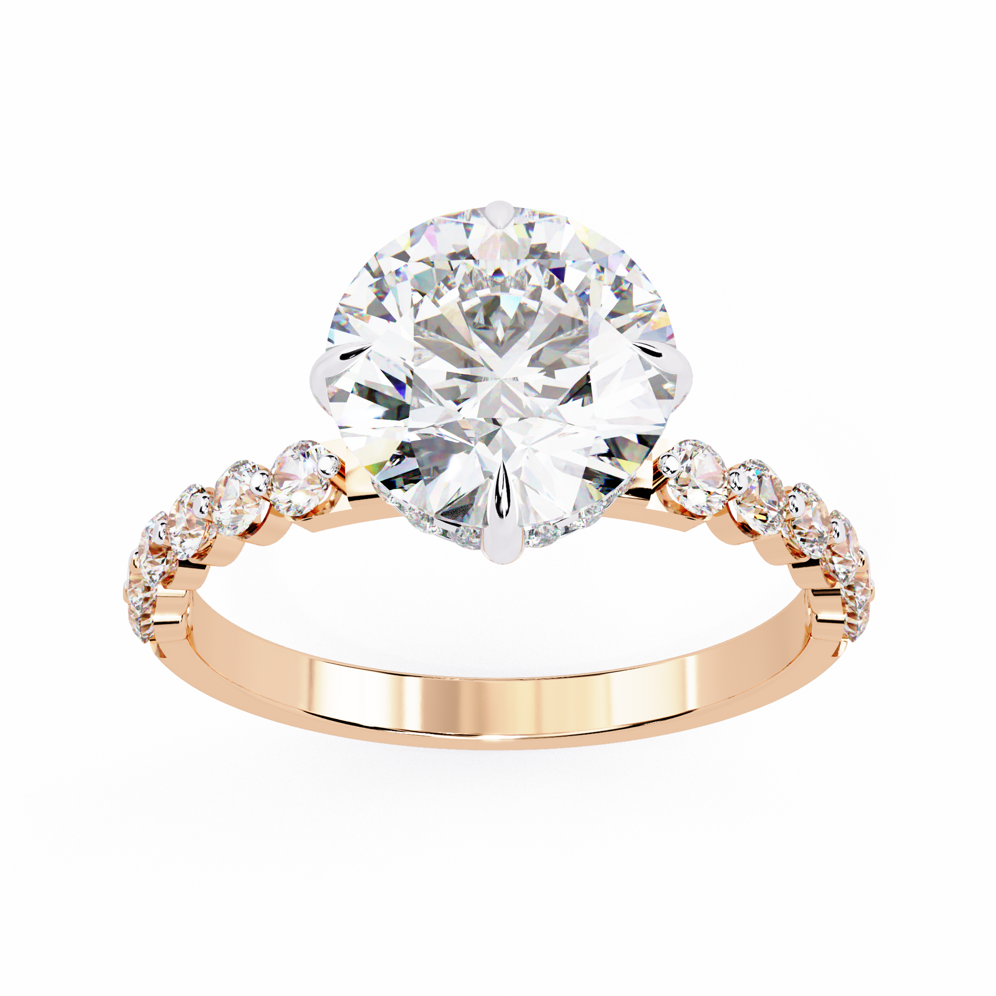 Rose gold ring with a large diamond and smaller diamonds 