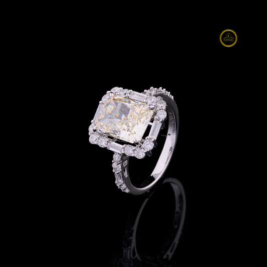Fancy Intense Yellow Radiant Cut Lab Diamond Baguette Halo Ring - view 2