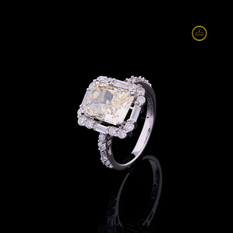 Fancy Intense Radiant Cut Moissanite Halo Ring With Baguette Side Stones - view 2