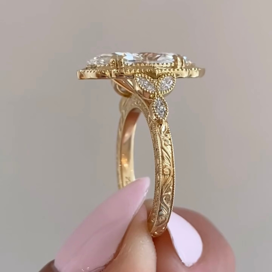 Vintage Marquise Cut Lab Diamond With Side Stone Engagement Ring - view 4