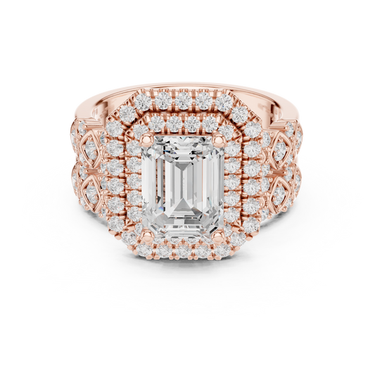 2.00 CT Statement Gold Emerald Cut Moissanite Diamond Halo Ring with Double Pave Setting For Bridal
