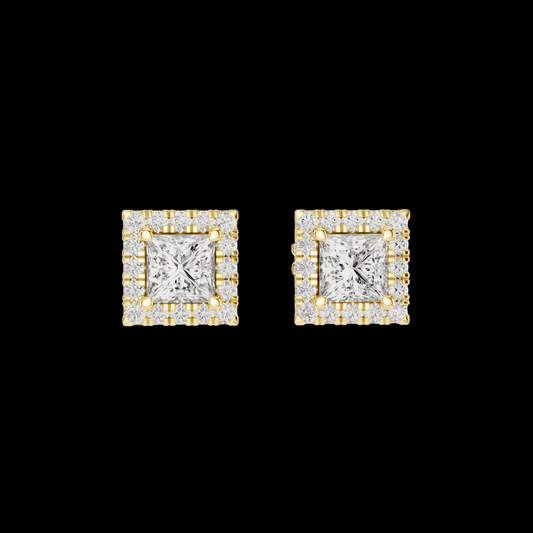 1.00 CT Royal Square Princess Moissanite Diamond Stud Earrings with Halo Round Diamond