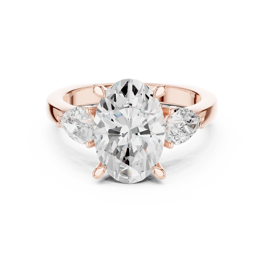 3.00 CT Refined Oval Cut Three Stone Lab Diamond Ring in Gold with Round Side Stones For Boho Chic