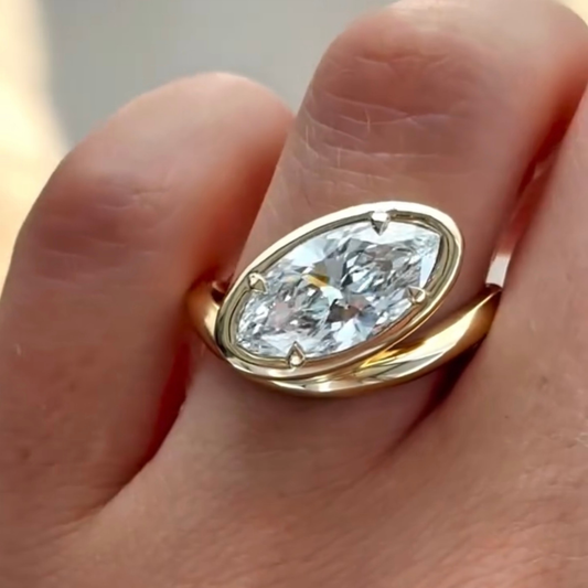 East West Marquise Moissanite Bezel Set Curve Band Ring - view 3