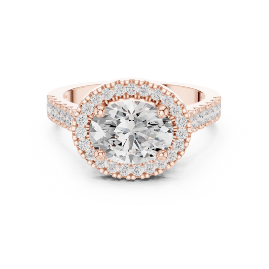 Oval Halo Moissanite Diamond with Pave Band Ring
