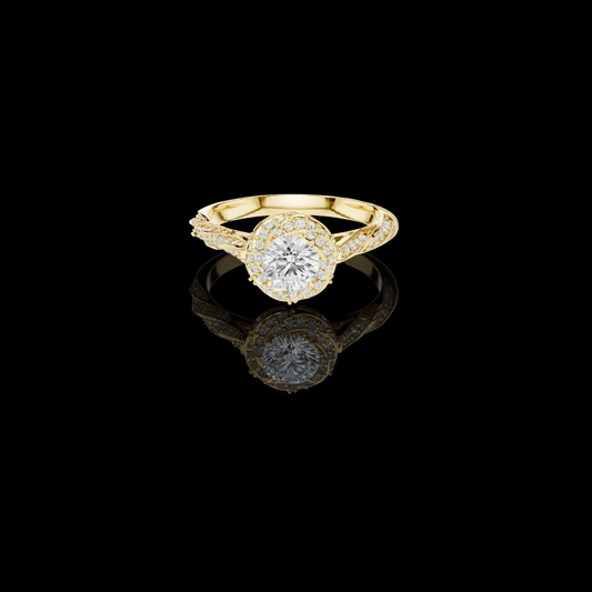 1.00 CT Elysian Twist Round Halo Round Moissanite Diamond Ring with Split Pavé Band