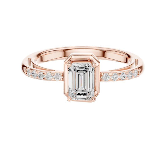 0.59 CT Stylish Emerald Moissanite Diamond Ring with Classy Four Prong with Bezel Setting and Pave Diamond Band