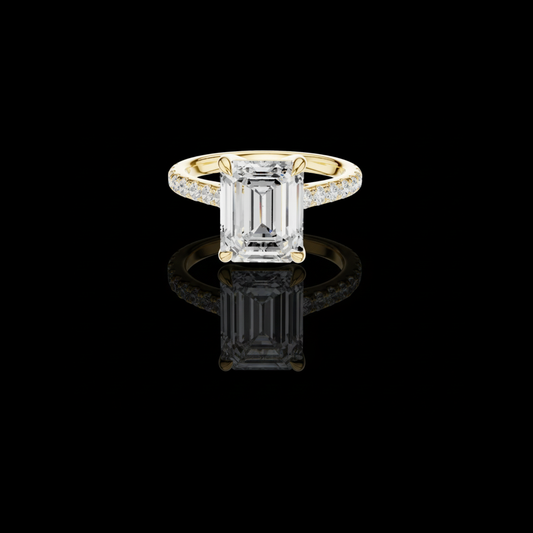1.10 CT Delicate Emerald Cut Solitaire Lab Grown Diamond Ring in Gold with Pave Diamond Band