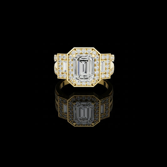2.5 CT Iconic Statement Emerald Cut Center with Side Baguette Three Stone Double Halo Lab Diamond Ring