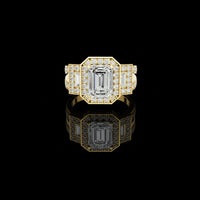 2.5 CT Iconic Statement Emerald Cut Center with Side Baguette Three Stone Double Halo Lab Diamond Ring